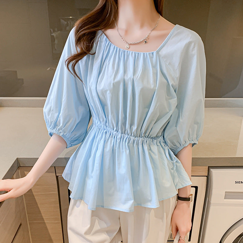 Irregular Ruffled Edge Thin Cotton Square Collar Shirt
