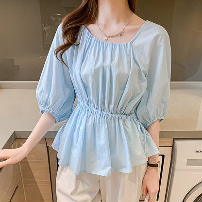 Irregular Ruffled Edge Thin Cotton Square Collar Shirt
