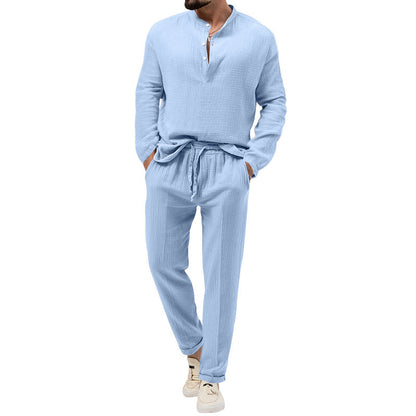 Solid Color Casual T-shirt Long Sleeve Shirt Trousers Set