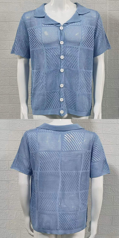 Men's Knit Polo Collar Cardigan Top
