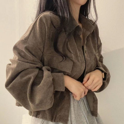 Loose All-match Single-breasted Lapel Short Corduroy Shirt