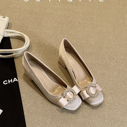 Bow Satin Square Toe Bridesmaid High Heels