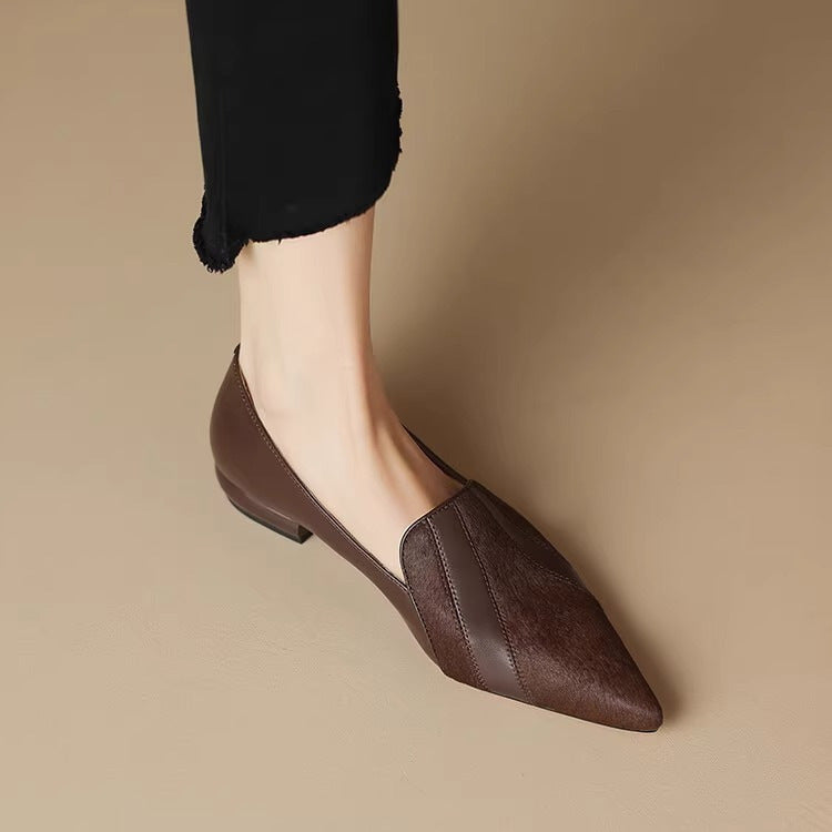 Stitched Leather Pointed Low-Cut Shoes