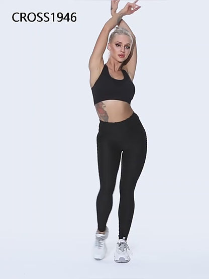Women's Plus Size Black Jacquard Scrunch Fitness Yoga Leggings - Anti-Cellulite, Moisture-Wicking